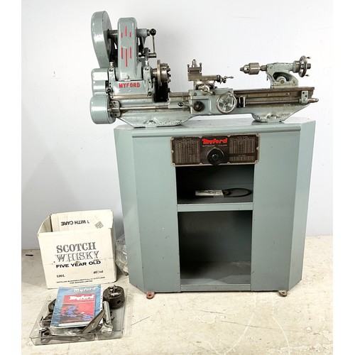 MYFORD SUPER 7 LATHE, ON BASE STAND & ACCESSORIES. Note: we have not tested the lathe for safety or working, please see additional photo of note that was supplied with the lathe.