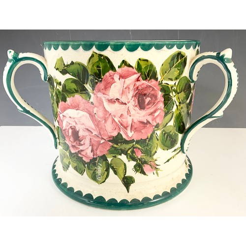 IMPRESSIVE LARGE WEMYSS  WARE HUGE TYG / THREE HANDLED TANKARD DECORATED WITH HAND PAINTED CABBAGE ROSES WITH  HAND WRITTEN WEMYSS WITH RETAILER T GOODE & CO LONDON MARK 20cm TALL , RIM 21.5cm DIAMETER