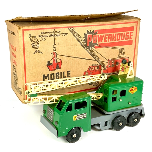 A BOXED MARX TOYS NO.2734 TINPLATE AND PRESSED STEEL MODEL OF A MOBILE CRANE TRUCK, DARK GREEN, YELLOW & GREY CHASSIS. HOOK AND IN ORIGINAL POWERHOUSE BOX