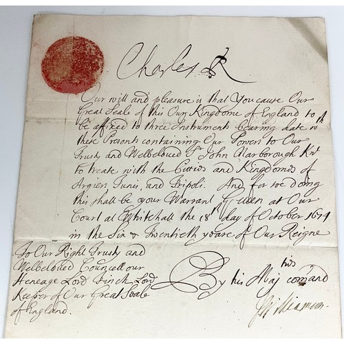 203 - ROYAL EPHEMERA- CHARLES II, CLERK WRITTEN DOCUMENT SIGNED TO ‘COUNCELLOR HENEAGE LORD FINCH, LORD KE... 