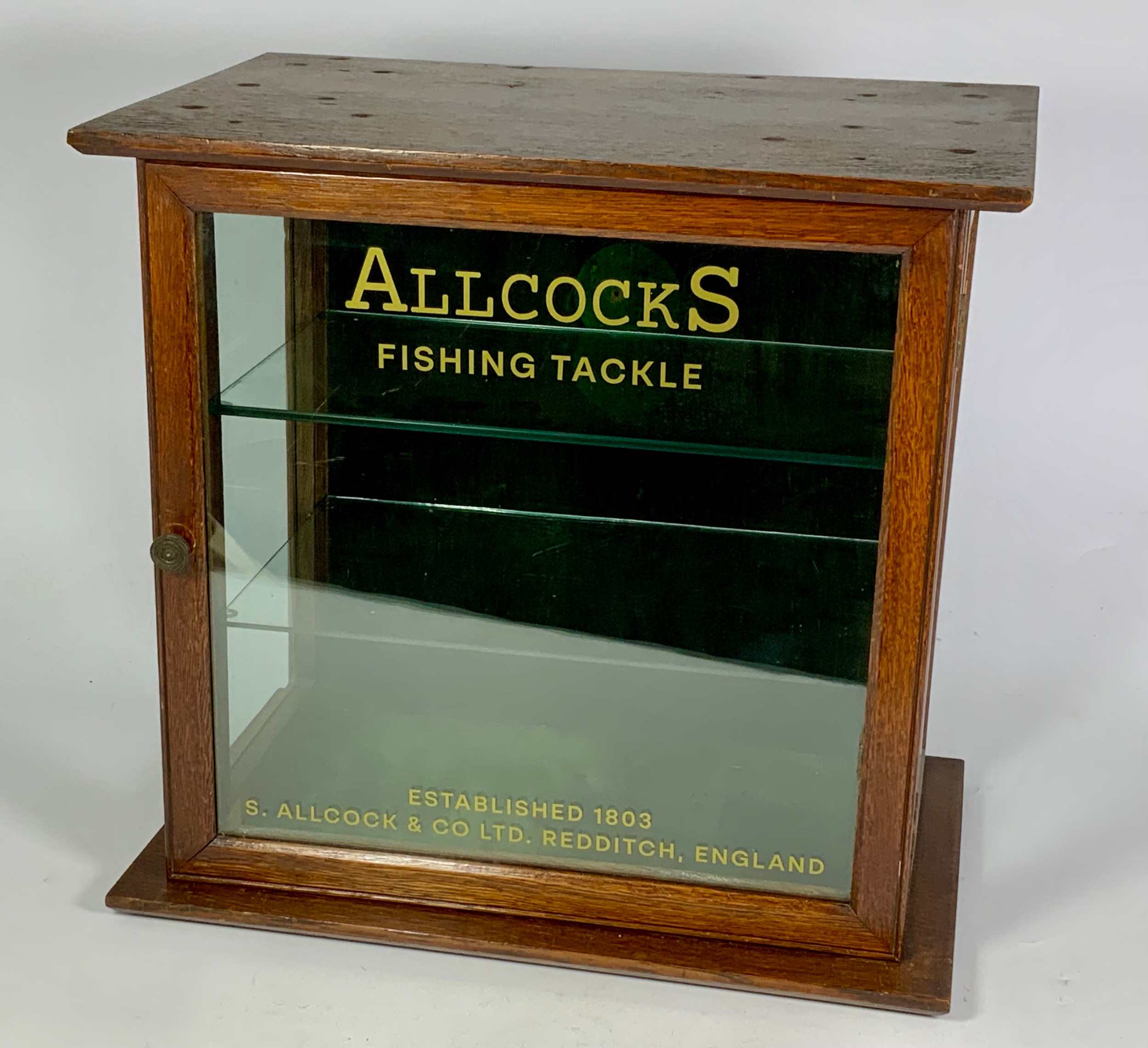 A WOODEN ADVERTISING DISPLAY CASE WITH OPENING FRONT , ALLCOCKS FISHING ...