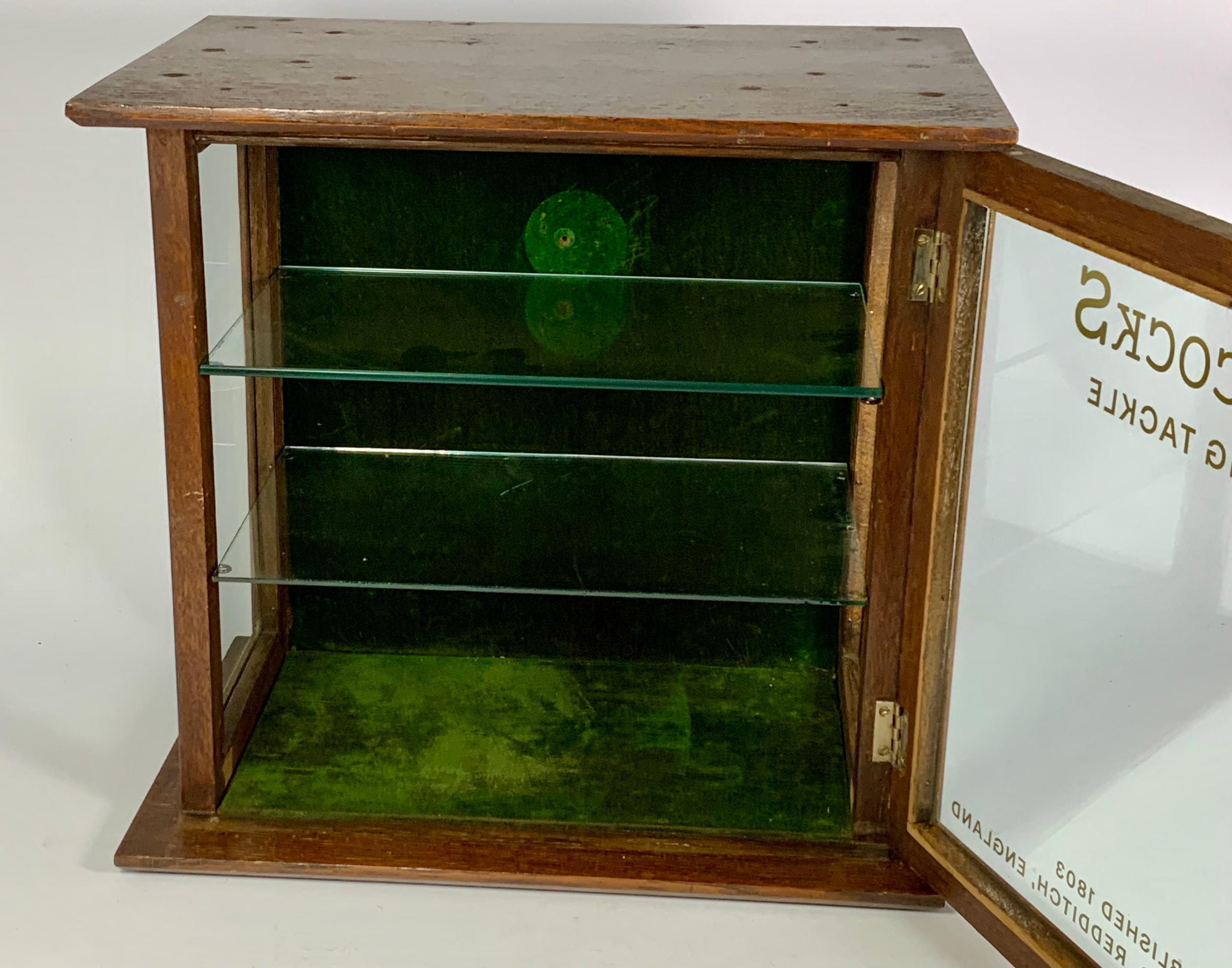 A WOODEN ADVERTISING DISPLAY CASE WITH OPENING FRONT , ALLCOCKS FISHING ...