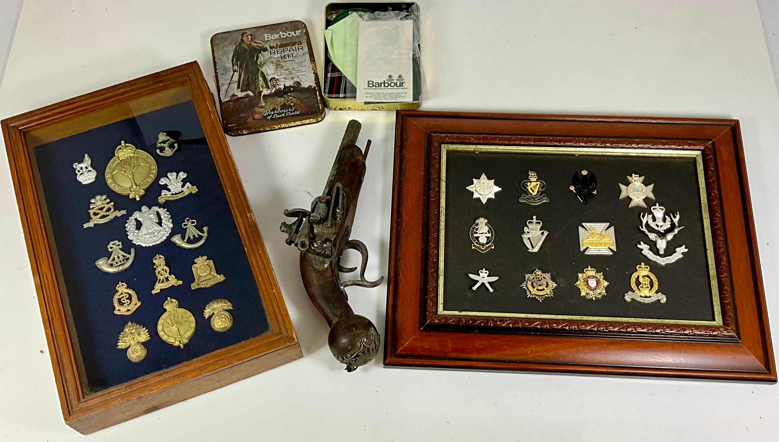 MISC ITEMS INCLUDING MILITARY BADGES IN 2 DISPLAY CASES, REPRODUCTION ...