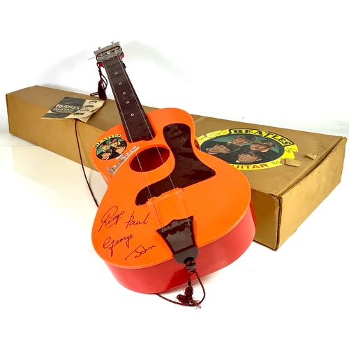 SELCOL THE BEATLES NEW BEAT VINTAGE PLASTIC GUITAR, WITH 2 STRINGS, ORIGINAL CARD BOX, INSTRUCTION SHEET BODY STRING