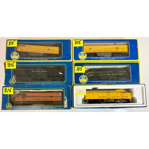 AHM, 5 BOXED / PART BOXED  AMERICAN MODEL RAILROAD LOCOMOTIVES & DUMMY’S  FM DUMMY UP, & FM LOCOMOTIVE, LOCOS ILLINOIS CENTRAL, WESTERN MARYLAND, NY CENTRAL & A FRATESCH UP 1600