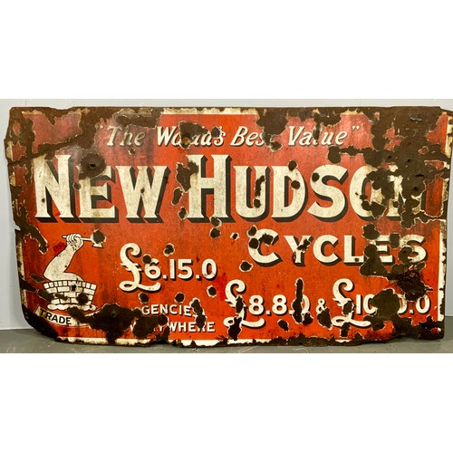 ENAMEL ADVERTISING SIGN, NEW HUDSON CYCLES, THE WORLDS BEST VALUE CYCLES, APPROX 168 X 100 CM, AS SHOWN