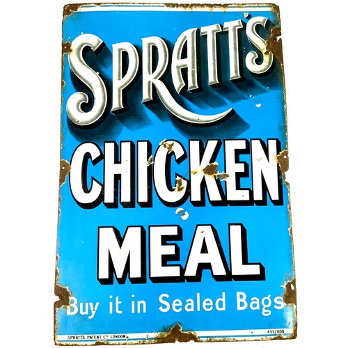 ENAMEL ADVERTISING SIGN, A SCARCE, SPRATT’S CHICKEN MEAL BUY IT IN SEALED BAGS SIGN, IN BLUE WITH WHITE & BLACK LETTERING, SPRATT’S PATENT LTD LONDON, 455/608, APPROX 76 X 51 CM.