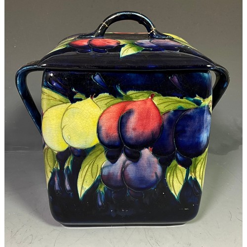 MOORCROFT POTTERY TWO HANDLED SQUARE FORM BISCUIT BARREL IN THE WILLIAM MOORCROFT WISTERIA PATTERN 17cm TALL IMPRESSED BACKSTAMPS LID HANDLE AF