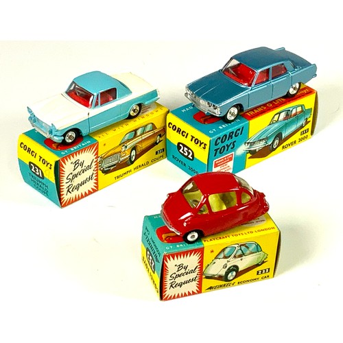 CORGI, 3 GOOD BOXED MODELS, 231 TRIUMPH HERALD COUPE, BLUE & WHITE, 233 HEINKEL-I ECONOMY CAR, 252 ROVER 2000 IN METALLIC BLUE