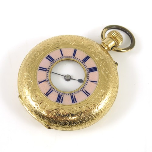 LADIES ORNATE 18CT GOLD CASED HALF HUNTER POCKET WATCH WITH PINK AND BLUE ENAMELLED ‘DIAL’ TO THE OUTER CASE, WHITE ENAMELLED PRIMARY DIAL, PROFUSELY ENGRAVED CASE, APPROX. 54.2g gross
