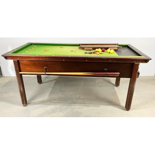 OAK AND SLATE BAR BILLIARDS TABLE BY CLARE & CO, LIVERPOOL COMPLETE WITH CUES, BALLS, SKITTLES AND ASSOCIATED SCOREBOARD 194cm x 87cm