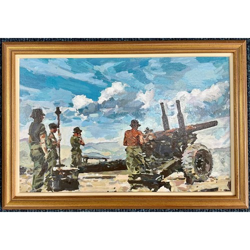 HARRY YEATMAN-BIGGS ORIGINAL OIL ON BOARD - EASY TROOP 100 BATTERY 49TH FIELD REGIMENT RA 'IN ACTION' AT KEA FARM GUN POSITION, CAMERON HIGHLANDS, PERAK, MALAYA IN JUNE 1956 DURING THE EMERGENCY
Approx. 35.5 x 22.5cm