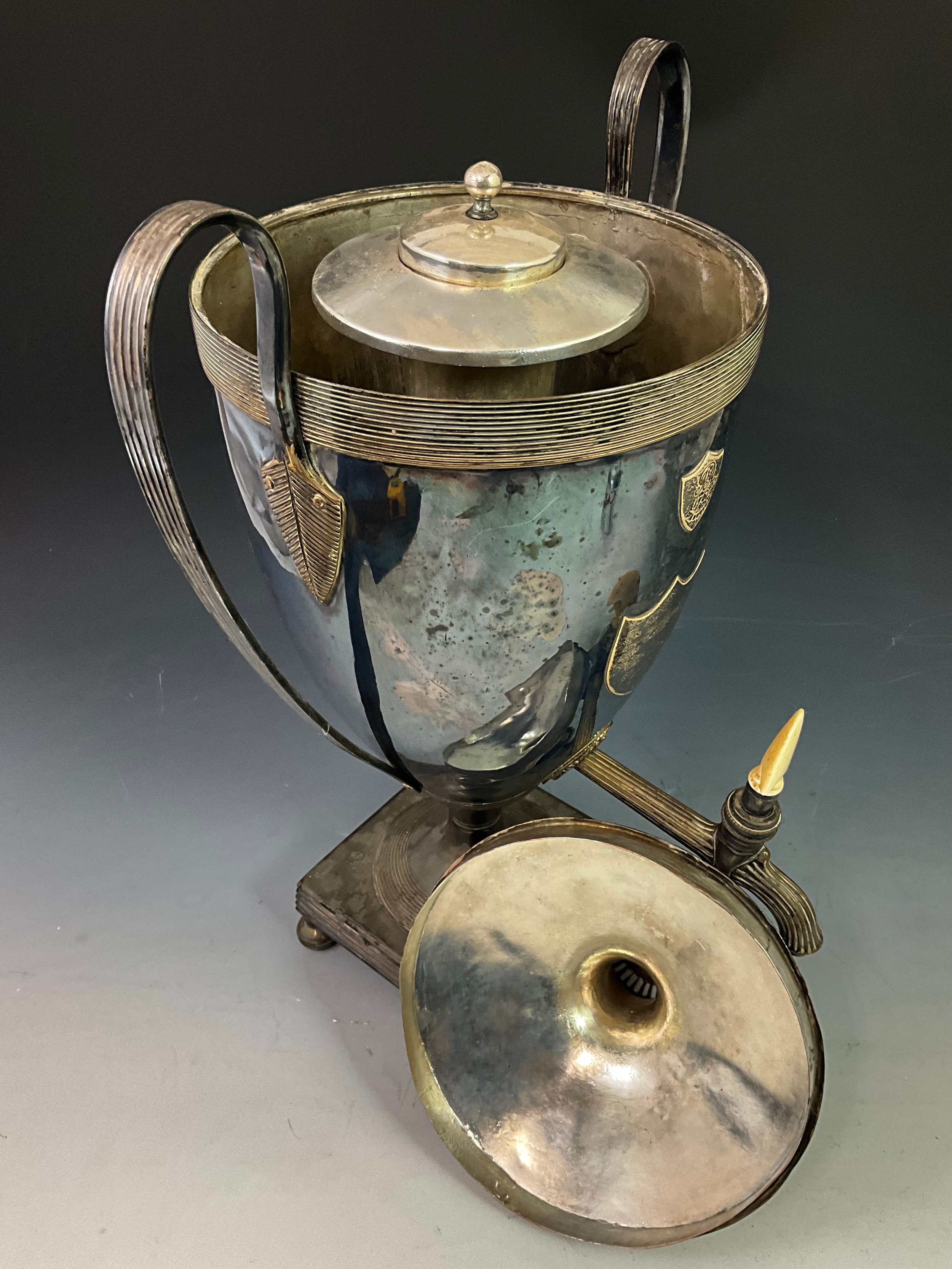 GEORGE III TROPHY STYLE TEA URN ON STAND WITH CREST AND DATE 1761 60cm