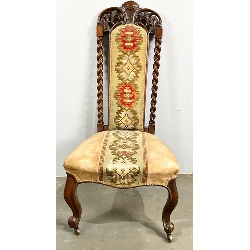 690 - ANTIQUE  PRAYER CHAIR WITH BARLEY TWIST SUPPORTS AND TAPESTRY UPHOLSTERY ON CASTERS