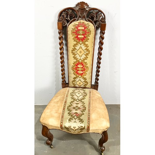 690 - ANTIQUE  PRAYER CHAIR WITH BARLEY TWIST SUPPORTS AND TAPESTRY UPHOLSTERY ON CASTERS