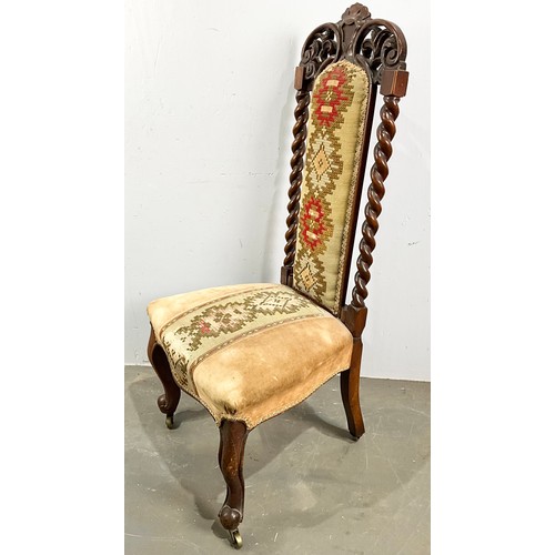 690 - ANTIQUE  PRAYER CHAIR WITH BARLEY TWIST SUPPORTS AND TAPESTRY UPHOLSTERY ON CASTERS
