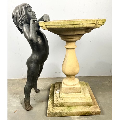 TOM GREENSHIELDS RESIN BRONZED FIGURE AND BIRD BATH 92cm TALL