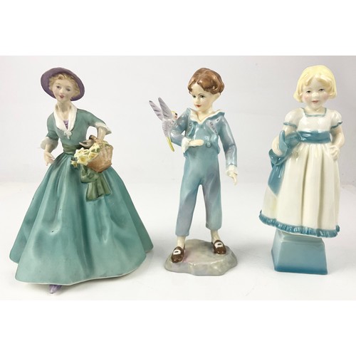 98 - THREE ROYAL WORCESTER FREDA DOUGHTY FIGURINES INCLUDING SPRING MORN, THE PARAKEET & MONDAY’S CHILD