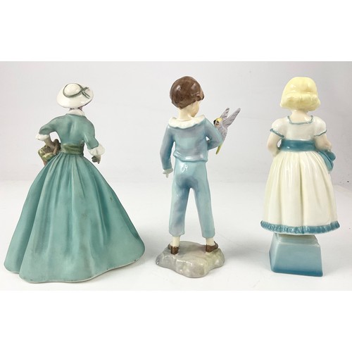 98 - THREE ROYAL WORCESTER FREDA DOUGHTY FIGURINES INCLUDING SPRING MORN, THE PARAKEET & MONDAY’S CHILD