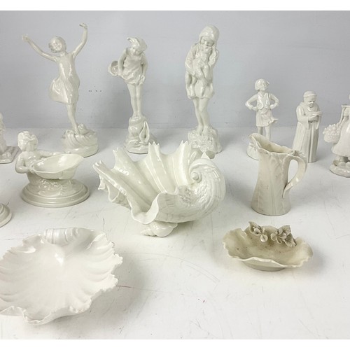 125 - COLLECTION OF ROYAL WORCESTER BLANC DE CHINE AND BLANKS INCLUDING FIGURINES, SALTS, CANDLE SNUFFER, ... 
