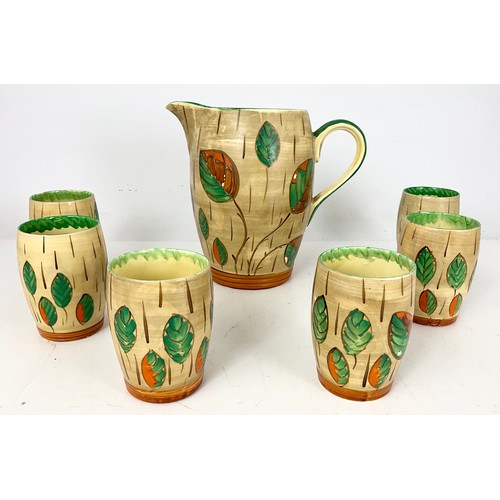 128 - VINTAGE ART DECO MYOTT & SONS LEMONADE SET JUG AND SIX BEAKERS DECORATED IN HAND PAINTED LEAF PATTER... 