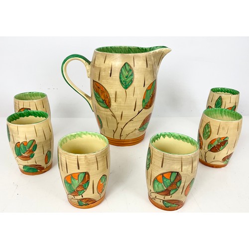 128 - VINTAGE ART DECO MYOTT & SONS LEMONADE SET JUG AND SIX BEAKERS DECORATED IN HAND PAINTED LEAF PATTER... 