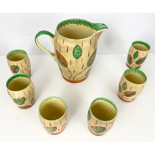 128 - VINTAGE ART DECO MYOTT & SONS LEMONADE SET JUG AND SIX BEAKERS DECORATED IN HAND PAINTED LEAF PATTER... 