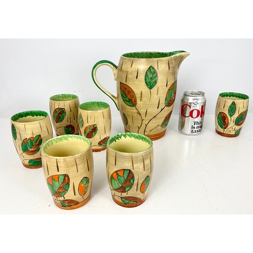 128 - VINTAGE ART DECO MYOTT & SONS LEMONADE SET JUG AND SIX BEAKERS DECORATED IN HAND PAINTED LEAF PATTER... 