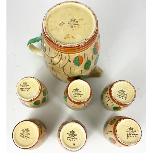 128 - VINTAGE ART DECO MYOTT & SONS LEMONADE SET JUG AND SIX BEAKERS DECORATED IN HAND PAINTED LEAF PATTER... 