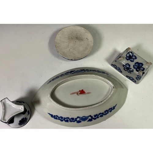 186 - OVAL IMARI PORCELAIN DISH, GZHEL FOOTED BOWL, ORIENTAL JAR (MISSING LID) AND A FAIENCE FLOWER BRICK