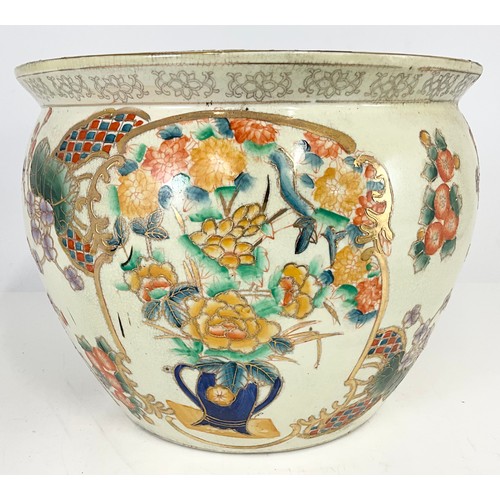 189 - ORIENTAL HAND PAINTED SATSUMA JARDINIERE WITH  CARP / GOLD FISH TO INTERIOR 21cm TALL