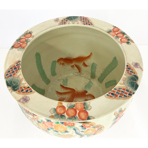 189 - ORIENTAL HAND PAINTED SATSUMA JARDINIERE WITH  CARP / GOLD FISH TO INTERIOR 21cm TALL