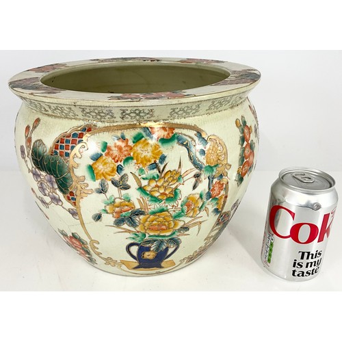 189 - ORIENTAL HAND PAINTED SATSUMA JARDINIERE WITH  CARP / GOLD FISH TO INTERIOR 21cm TALL