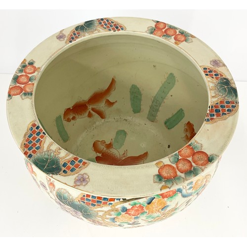 189 - ORIENTAL HAND PAINTED SATSUMA JARDINIERE WITH  CARP / GOLD FISH TO INTERIOR 21cm TALL