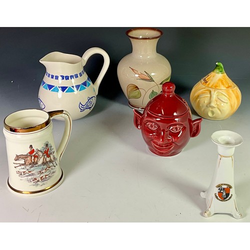 218 - DENBY VASE, PICKLED ONION AND BEETROOT JARS, A BLUE AND WHITE JUG, KIRKHAM HUNT SCENE TANKARD AND CR... 