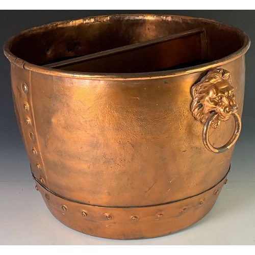 COPPERED LOG BIN WITH LION MASK HANDLES 43cm Dia x 31cm High