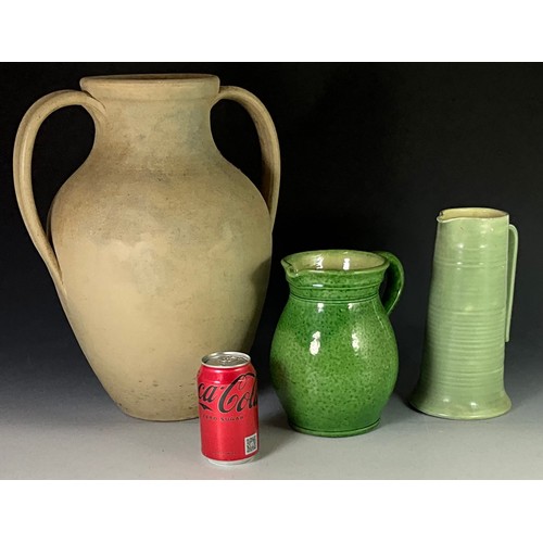 214 - HILLSTONIA 2 HANDLED STONEWARE VASE TOGETHER WITH A HOLLAND AND A BRETBY STONEWARE JUG A/F