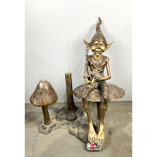 588 - WELL CAST LARGE STEEL & BRASS GNOME/ ELF/ PIXIE WITH FISHING ROD STATUE (HEAVY, THE TOADSTOOL HAS BE... 