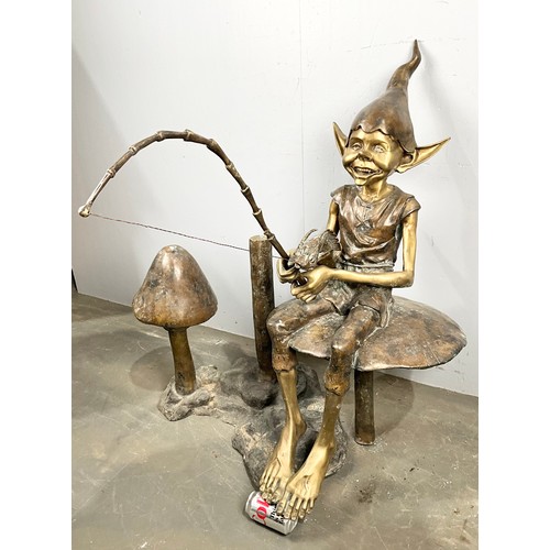 588 - WELL CAST LARGE STEEL & BRASS GNOME/ ELF/ PIXIE WITH FISHING ROD STATUE (HEAVY, THE TOADSTOOL HAS BE... 