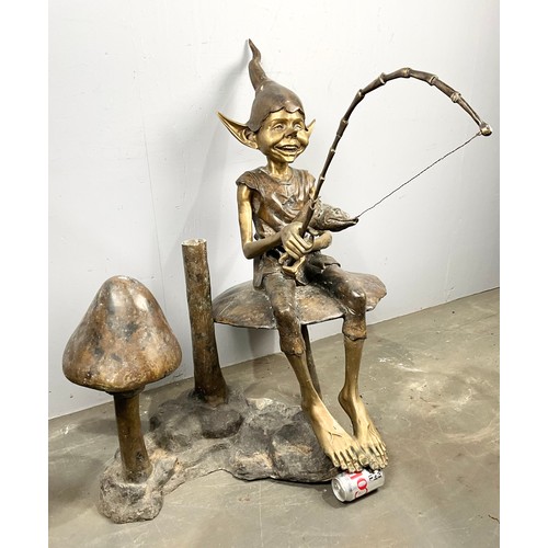 588 - WELL CAST LARGE STEEL & BRASS GNOME/ ELF/ PIXIE WITH FISHING ROD STATUE (HEAVY, THE TOADSTOOL HAS BE... 