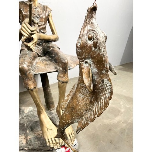 588 - WELL CAST LARGE STEEL & BRASS GNOME/ ELF/ PIXIE WITH FISHING ROD STATUE (HEAVY, THE TOADSTOOL HAS BE... 