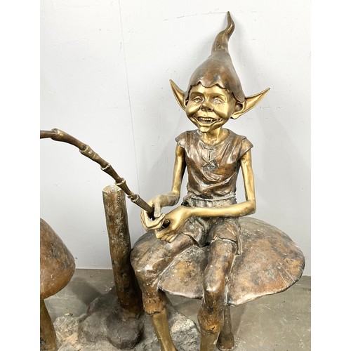 588 - WELL CAST LARGE STEEL & BRASS GNOME/ ELF/ PIXIE WITH FISHING ROD STATUE (HEAVY, THE TOADSTOOL HAS BE... 