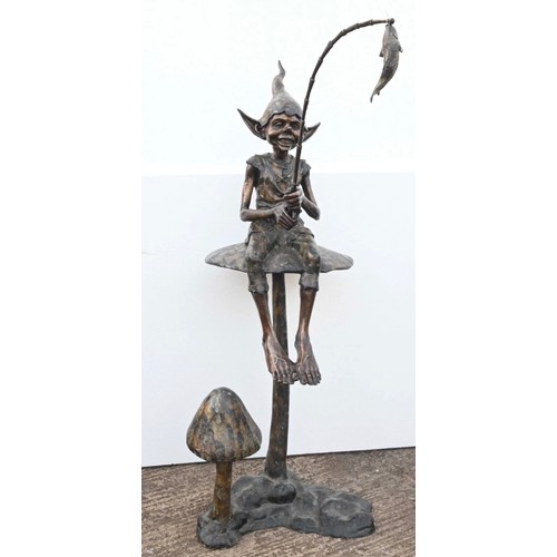 588 - WELL CAST LARGE STEEL & BRASS GNOME/ ELF/ PIXIE WITH FISHING ROD STATUE (HEAVY, THE TOADSTOOL HAS BE... 