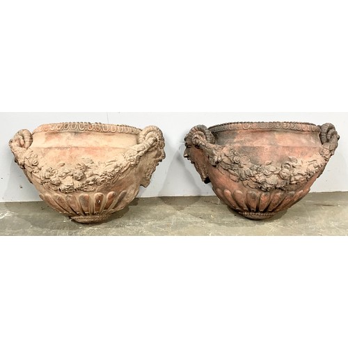 582 - PAIR OF CLASSICAL STYLE TERRACOTTA WALL HANGING PLANTERS WIDTH 45cm
