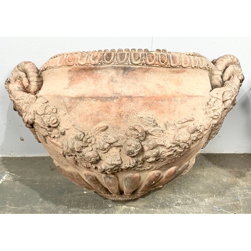 582 - PAIR OF CLASSICAL STYLE TERRACOTTA WALL HANGING PLANTERS WIDTH 45cm