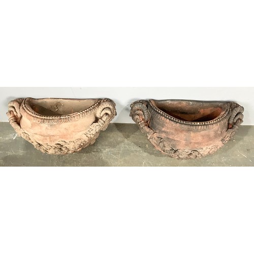 582 - PAIR OF CLASSICAL STYLE TERRACOTTA WALL HANGING PLANTERS WIDTH 45cm