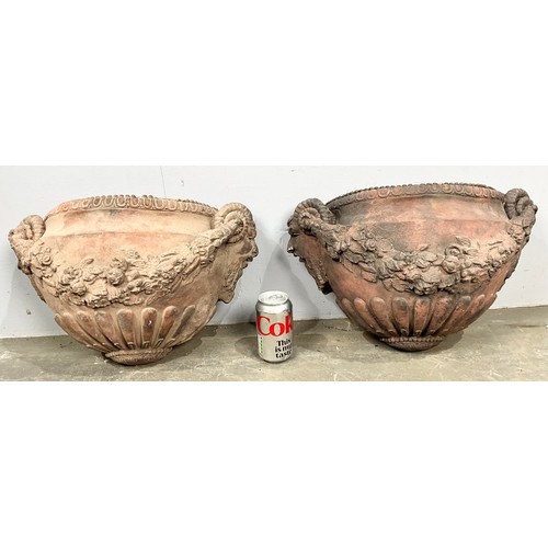582 - PAIR OF CLASSICAL STYLE TERRACOTTA WALL HANGING PLANTERS WIDTH 45cm
