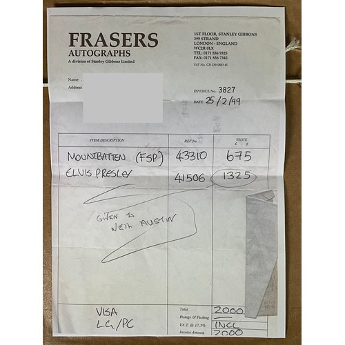 59 - SIGNED ELVIS PRESLEY FRAMED PHOTOGRAPH.  PURCHASED IN 1999 FROM FRASERS AUTOGRAPHS, LONDON FOR £1325... 