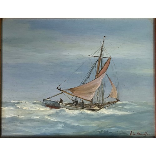 22 - JOHN HAMILTON (BRITISH, 1919-1993), OIL ON PANEL DEPICTING A FISHING BOAT SIGNED LOWER RIGHT, APPROX... 