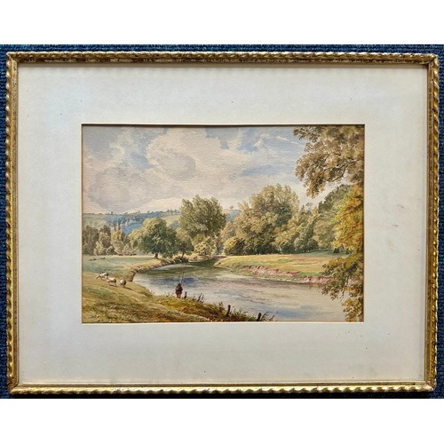 28 - 2 WATERCOLOURS DEPICTING RURAL SCENES, ONE WITH RIVER AND FISHERMEN, NO APPARENT SIGNATURE AND THE O... 